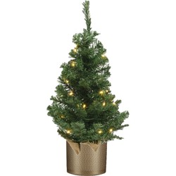 Kunstboom/kunst kerstboom groen 60 cm met verlichting en gouden pot - Kunstkerstboom