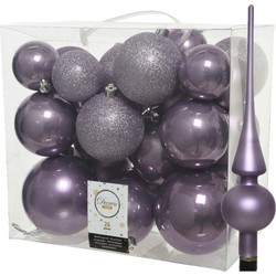 Set van 26x stuks kunststof kerstballen incl. glazen piek mat lila paars - Kerstbal