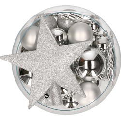 Kerstballen set - 33x stuks - zilver - kunststof - met piek - Kerstbal