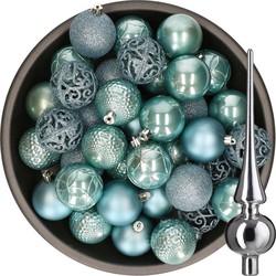 37x stuks kunststof kerstballen 6 cm ijsblauw incl. glazen piek glans zilver - Kerstbal