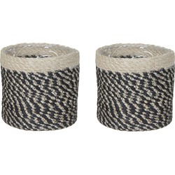 2x stuks naturel zwart rotan planten pot mand van gedraaid jute/riet H14 en D14 cm - Plantenpotten