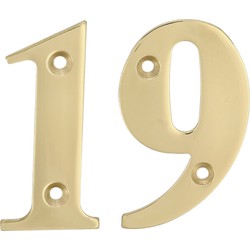 AMIG Huisnummer 19 - massief messing - 10cm - incl. bijpassende schroeven - gepolijst - goudkleur - Huisnummers