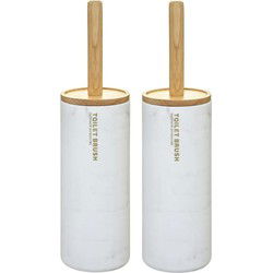 2x stuks WC-/toiletborstel met houder rond wit met marmer effect kunststof/bamboe 38 cm - Toiletborstels