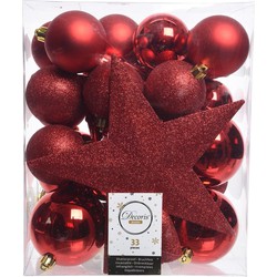 33x Kunststof kerstballen mix rood 5-6-8 cm kerstboom versiering/decoratie - Kerstbal