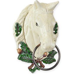 A CAST IRON WHITE HORSEHEAD TOWEL HOLDER