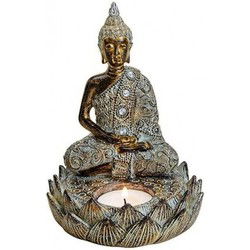 Boeddha beeld - bruin - zittend - met waxinelichthouder - 20 cm - Beeldjes