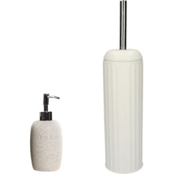 WC-/toiletborstel en houder 40 cm met zeeppompje 400 ml wit - Badkameraccessoireset