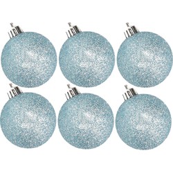 6x stuks kunststof glitter kerstballen ijsblauw 8 cm - Kerstbal