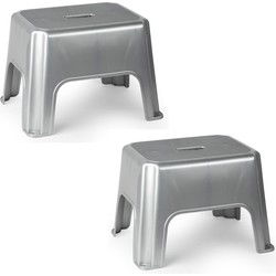Plasticforte Keukenkrukje/opstapje - 2x - 40 x 30 x 28 cm - zilver - Huishoudkrukjes