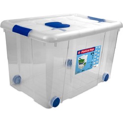Opbergbox/opbergdoos met deksel en wieltjes 55 liter kunststof transparant/blauw - Opbergbox