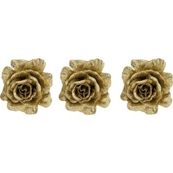3x stuks decoratie bloemen roos goud glitter op clip 10 cm - Kunstbloemen