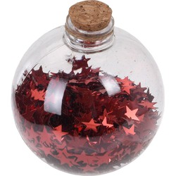 1x Kerstballen transparant/rood 8 cm met rode sterren kunststof kerstboom versiering/decoratie - Kerstbal