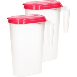 2x stuks waterkan/sapkan transparant/fuschia roze met deksel 1.6 liter kunststof - Schenkkannen