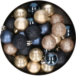 28x stuks kunststof kerstballen parel/champagne en donkerblauw mix 3 cm - Kerstbal