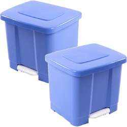 2x stuks dubbele afvalemmer/vuilnisemmer blauw 35 liter met deksel en pedaal - Pedaalemmers