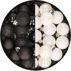 28x stuks kleine kunststof kerstballen zwart en parelmoer wit 3 cm - Kerstbal