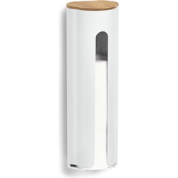 Zeller wattenschijf houder wand - kunststof/bamboe - wit - 8 x 7 x 25 cm - Opbergbox