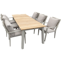 Set van Muro tafel salix/teak 236x90x76 cm en 6 Marinha stapelbare stoelen met zit- en rugkussens