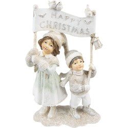 Clayre & Eef Beeld Kinderen 23 cm Beige Kunststof Happy Christmas Kerstdecoratie Beeld decoratie Decoratieve Accessoires