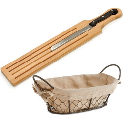 Bamboe houten broodplank/snijplank/serveerplank met broodmes 50 x 10 cm en broodmandje van 26 x 17 c - Snijplanken