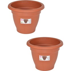 Set van 2x stuks terra cotta kleur ronde plantenpot/bloempot kunststof diameter 25 cm - Plantenpotten