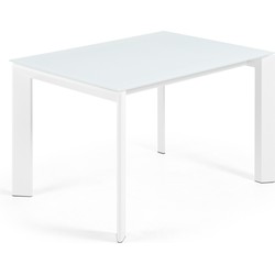 Kave Home - Axis uitschuifbare tafel in wit glas en wit stalen poten 120 (180) cm