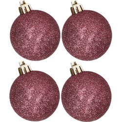 4x stuks kunststof glitter kerstballen aubergine roze 10 cm - Kerstbal