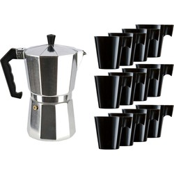 Aluminium moka/koffiemaker met 12x zwarte kopjes - Koffiezetapparaten