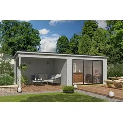 Outdoor Life blokhut Pernilla met overkapping platinum grey, 385 x 295 cm