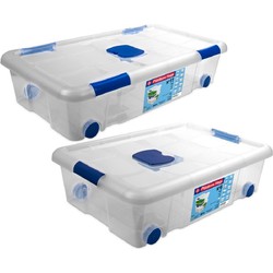 2x Opbergboxen/opbergdozen met deksel en wieltjes 30 en 31 liter kunststof transparant/blauw - Opbergbox