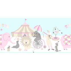 ESTAhome behangrand circus figuren licht roze. lichtblauw en beige