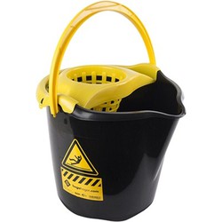 1x Huishoudemmers met dweil houder 13,5 liter zwart/geel caution 32 x 30 cm - Emmers