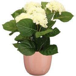 Hortensia kunstplant/kunstbloemen 36 cm - wit - in pot lichtroze glans - Kunstplanten