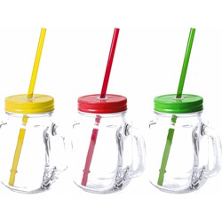 9x stuks drink potjes van glas Mason Jar geel/groen/rood 500 ml - Drinkbekers
