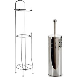 WC-/toiletborstel in houder 40 cm met wc-rollen houder - rvs zilver - Badkameraccessoireset