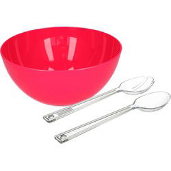 Salade serveer schaal - fuchsia roze - kunststof - Dia 28 cm - met sla couvert/bestek - Serveerschalen