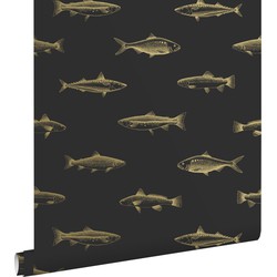 ESTAhome behang pentekening vissen zwart en goud - 0,53 x 10,05 m - 139124