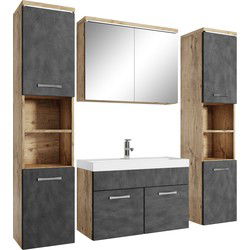 Badplaats Badkamermeubel Set Paso XL 80 x 40 cm - Kastanje Eiken met Donker Grijs - Badmeubel met spiegelkast en zijkasten