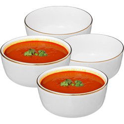 Secret de Gourmet Soepkommen/schaaltjes - 4x - Corona - keramiek - D15 x H6.6 cm - wit/goud - Kommetjes