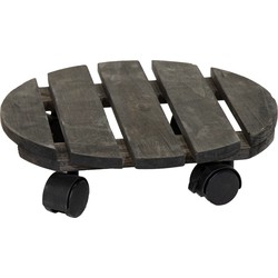 Mega Collections Plantenpot trolley - acacia hout - antraciet - rond - 35 x 35 cm - max 80 kilo - Planten onderzetter