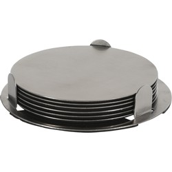 Onderzetters - 6x st - zilver - D8,5 cm - RVS - met houder - Glazenonderzetters