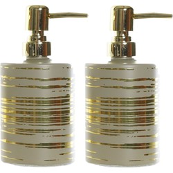 2x stuks zeeppompjes/zeepdispensers beige met gouden strepen van glas 450 ml - Zeeppompjes