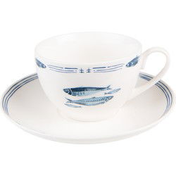 Clayre & Eef Kop en schotel  250 ml Wit Blauw Porselein Vissen Servies