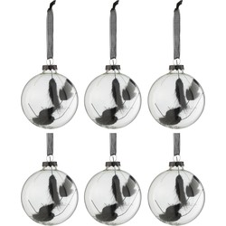 J-line - Doos Van 6 Kerstballen Rond Gedroogde Hazenstaart Zwart Glas Transparant Small - 8x8x8cm