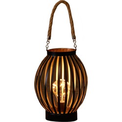 Led sfeer lantaarn/lamp zwart/goud rond met timer B16 x H22 cm - Lantaarns