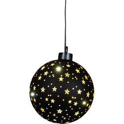 Kersthanger bal glas gouden binnenkant met sterren 10led warm wit op batterij met timer d12 cm zwart/goud