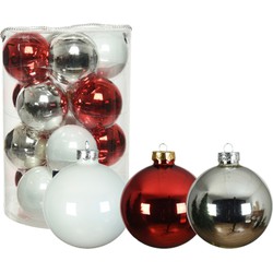 18x stuks glazen kerstballen wit, rood en zilver glans 8 cm - Kerstbal