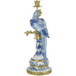 A BRONZE MOUNTED PORCELAIN PARROT CANDLE HOLDER