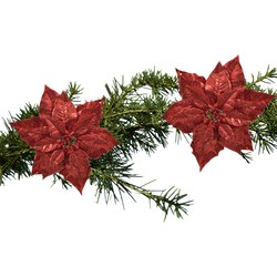 2x stuks kerstboom decoratie bloemen rood glitter op clip 23 cm - Kersthangers