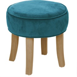 Atmosphera Zit krukje/bijzet stoel - hout/stof - blauw fluweel - D35 x H40 cm - Krukjes